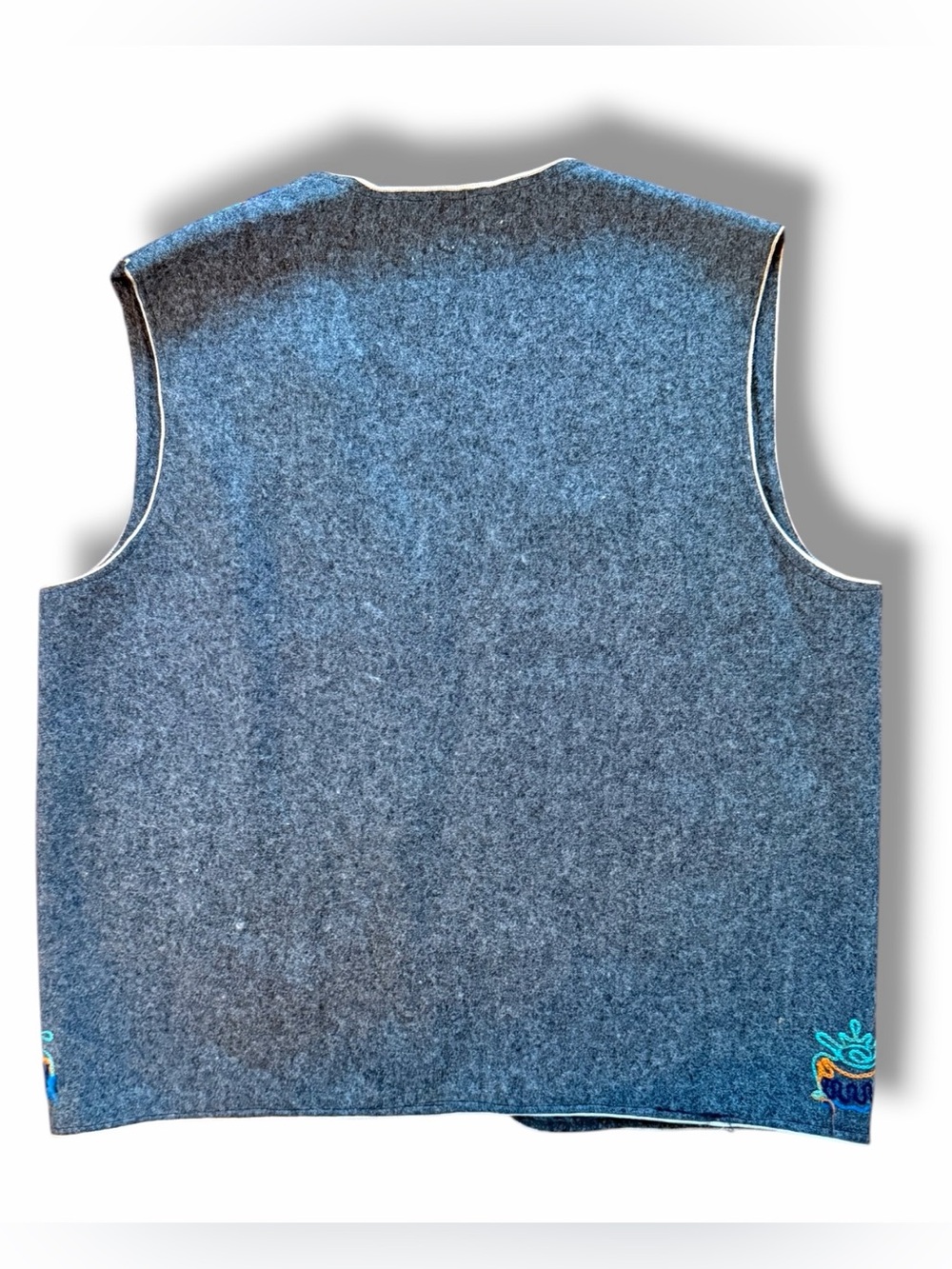Vintage Embroidered Open-Front Wool Felt Vest Grey Folk-Style Cottagecore - Picture 2 of 8